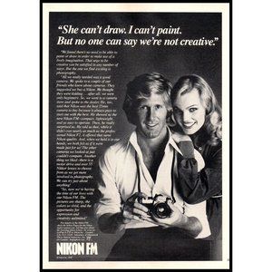 1978 Nikon FM SLR Camera Vintage Print Ad Photography Creative Couple Wall Art